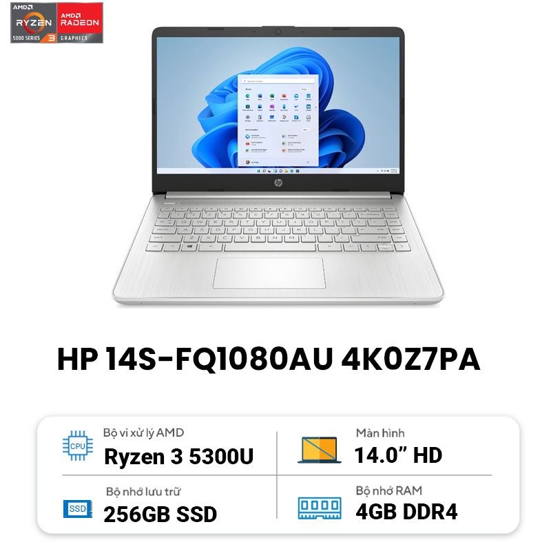 Laptop HP 14s-fq1080AU 4K0Z7PA (Ryzen 3-5300U | 4GB | 256GB | Radeon Vega | 14 inch HD | Win | Bạc)