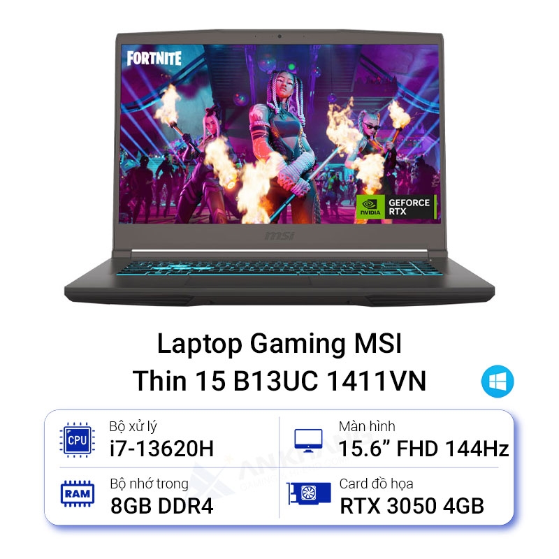Laptop MSI Gaming Thin 15 B13UC-1411VN (i7 13620H/ 8GB/ 512GB SSD/ RTX 3050 4GB/ 15.6 inch FHD/ 144Hz/ Win11/ Gray/ 2Y/ Balo)
