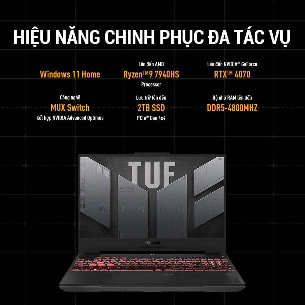 Laptop ASUS TUF Gaming A15 FA507NV-LP046W (Ryzen™ 7-7735HS | 8GB | 512GB | RTX™ 4060 8GB | 15.6-inch FHD 144Hz | Win 11| Jaeger Gray)