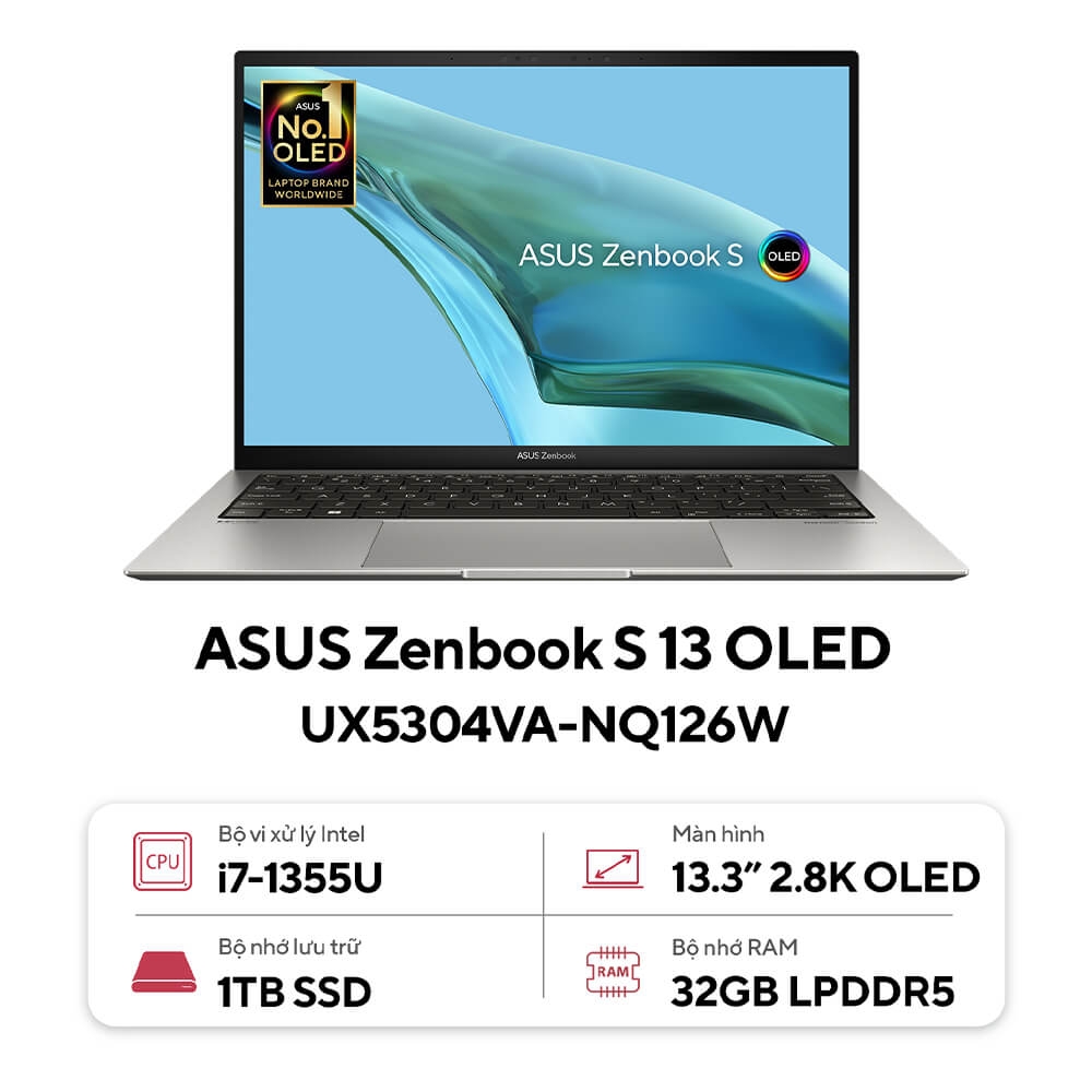 Laptop Asus Zenbook S 13 OLED UX5304VA-NQ126W (Core i7-1355U | 32GB | 1TB | Intel Iris Xe | 13.3inch 2.8K OLED | Win 11 | Xám)