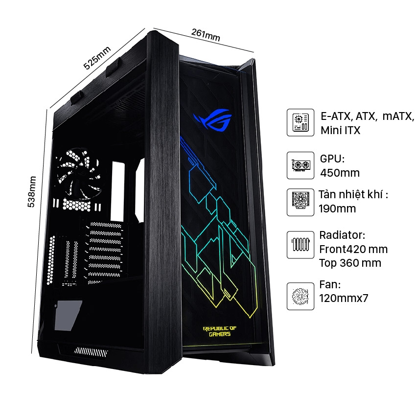 Vỏ Case Asus ROG Strix Helios GX601 Tempered Glass Gaming (Mid Tower/Màu Đen/Led RGB)
