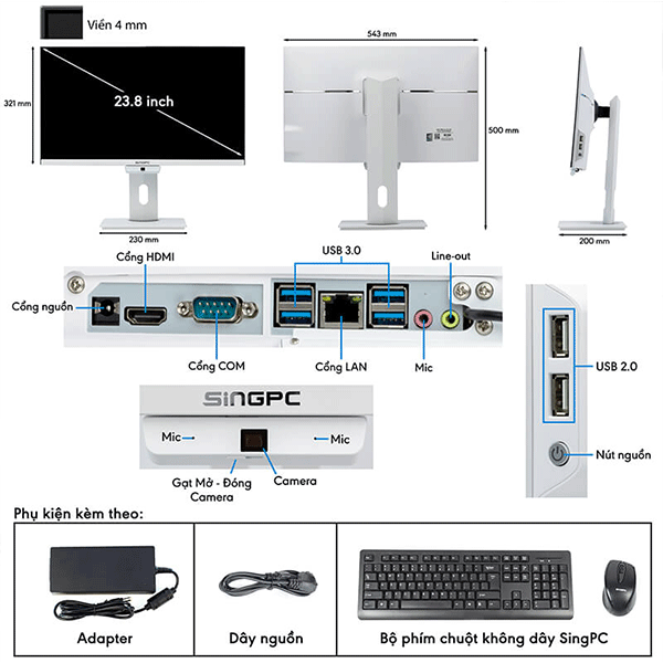 Máy tính All in one SingPC M24Pi582-W (Core i5 10400/ Ram 8GB/ SSD 256GB/ 23.8 inch FHD/ Windows 11 Pro)