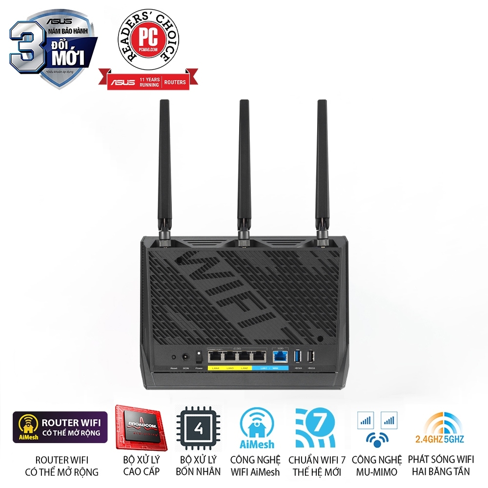 Bộ phát wifi 7 Asus RT-BE86U (Chuẩn BE/ BE6800Mbps/ 3 Ăng-ten ngoài, 1 ăng-ten ngầm/ AIMesh)