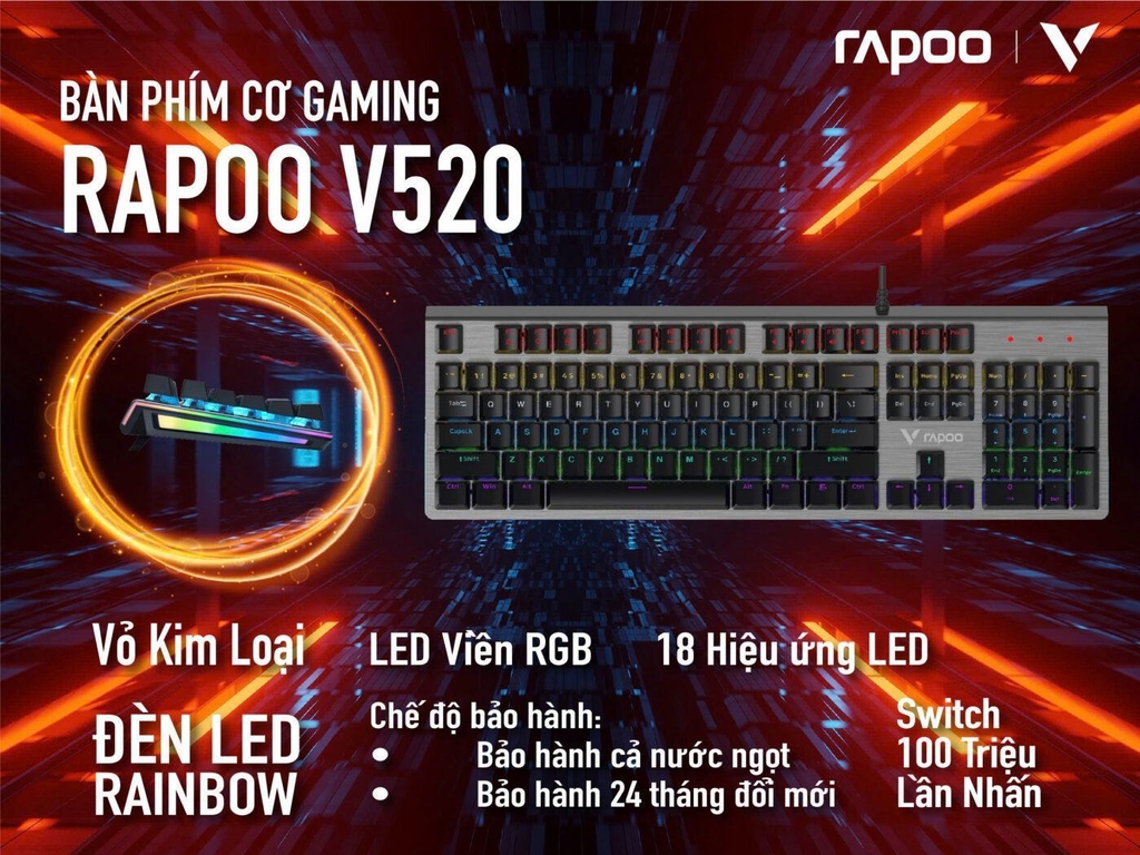 Bàn phím cơ quang Gaming Rapoo V520 Rainbow, LED hông RGB