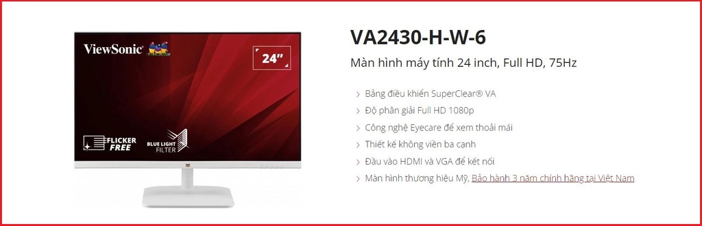 Màn hình ViewSonic VA2430-H-W-6 (23.8inch/FHD/VA/60Hz/6ms/250nits/HDMI+VGA/Trắng)