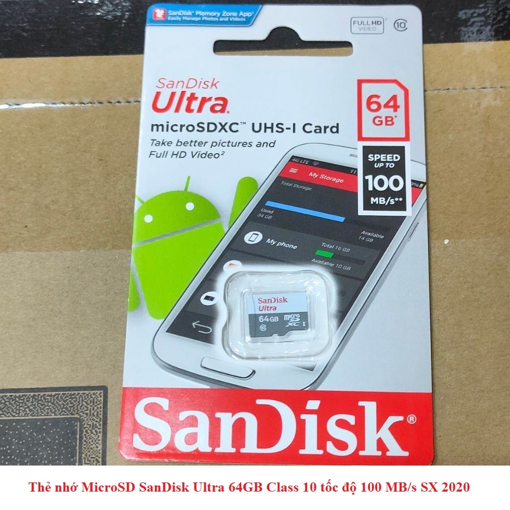 Thẻ nhớ MicroSD SanDisk Ultra 64GB Class 10 tốc độ 100 MB/s bảo hành 7 năm