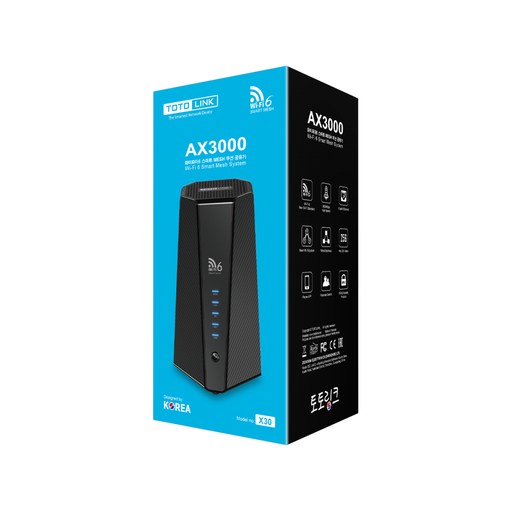 Bộ phát wifi 6 Totolink X30 (Chuẩn AX/ AX3000Mbps/ 4 Ăng-ten ngầm/ Wifi Mesh/ Dưới 250 User)