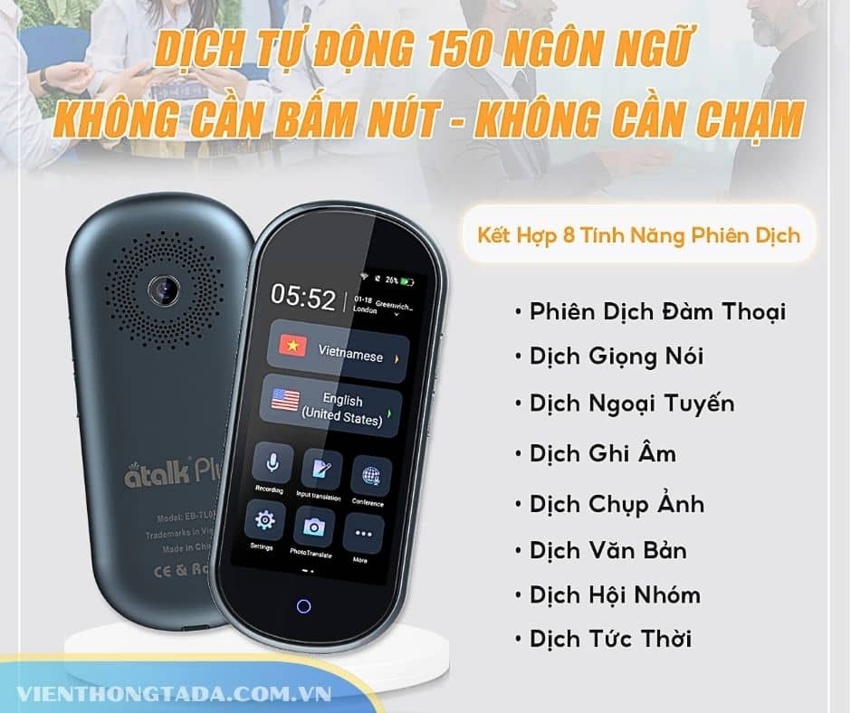 ATalk Plus+ (Mới) | Máy Phiên Dịch 2 Chiều Cầm Tay | Dịch Tự Động Không Chạm, Dịch Offline 21 Ngôn Ngữ