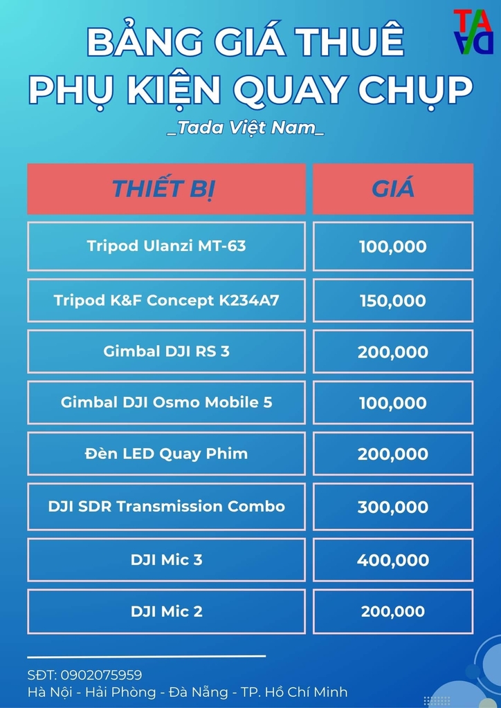 Bảng giá cho thuê phụ kiện quay phim, chụp ảnh tại Tada (Gimbal, Tripod, Micro, Đèn)