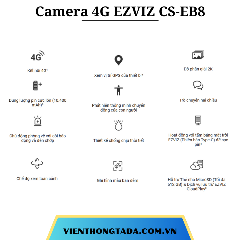 Camera 4G EZVIZ CS-EB8 | Kết Nối 4G, Pin Khủng 10400 mAh, Quay 360 Độ, Độ Phân Giải | Bảo Hành 12 Tháng 1 Đổi 1