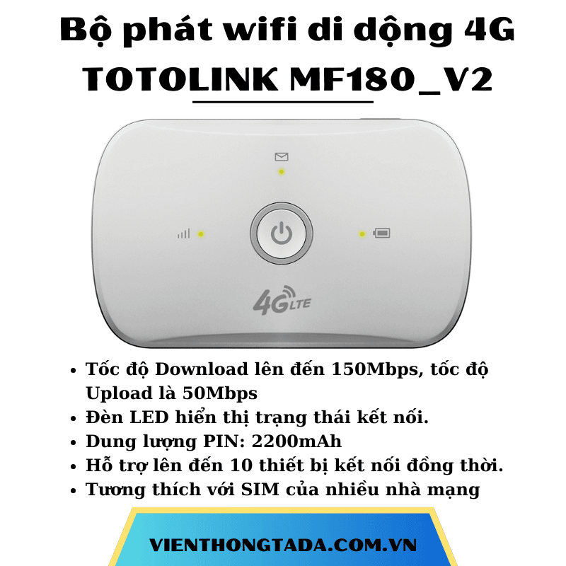 TOTOLINK MF180_V2 | Bộ Phát Wifi Di Động 4G LTE, 150Mbps, PIN 2200mAh,10 Thiết Bị Kết Nối Cùng Lúc | Bảo hành 12 tháng