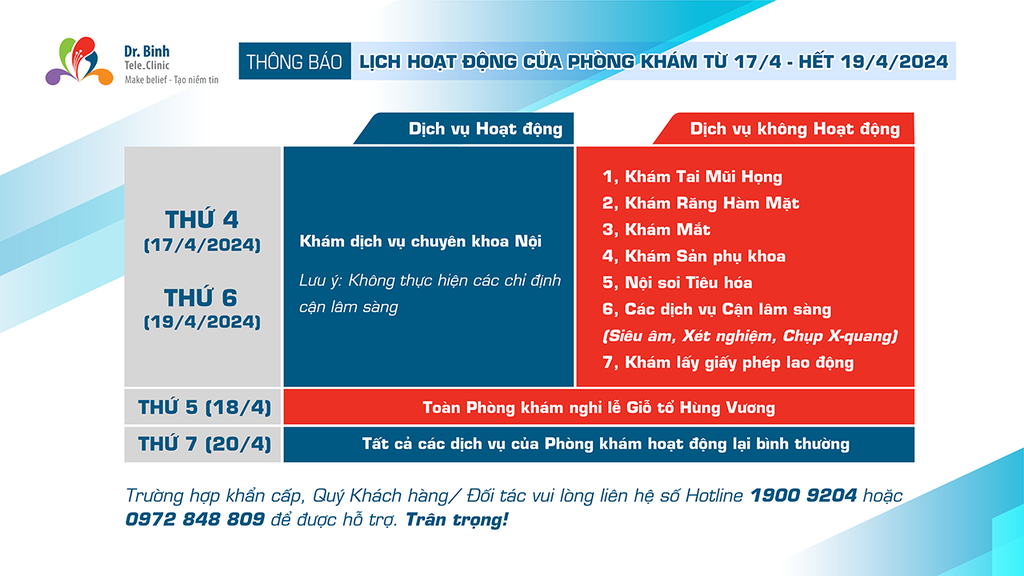 Thông báo dịch vụ hoạt động PKĐK Dr. Binh Tele_Clinic