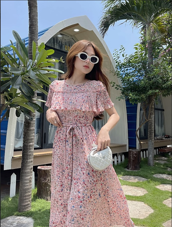 23/V036/S/02/VÁY VOAN, CỔ 3F CÀI NƠ, CT, HOA ĐỎ Zen Fashion