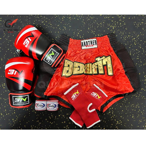 COMBO TẬP BOXING CƠ BẢN GĂNG BOXING + BĂNG ĐA + QUẦN MUAY + TẤT BẢO VỆ - ĐỎ