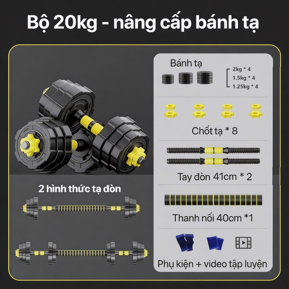 Bộ tạ tay đa năng, tạ lắp ghép – bê tông bọc nhựa KINGBOX