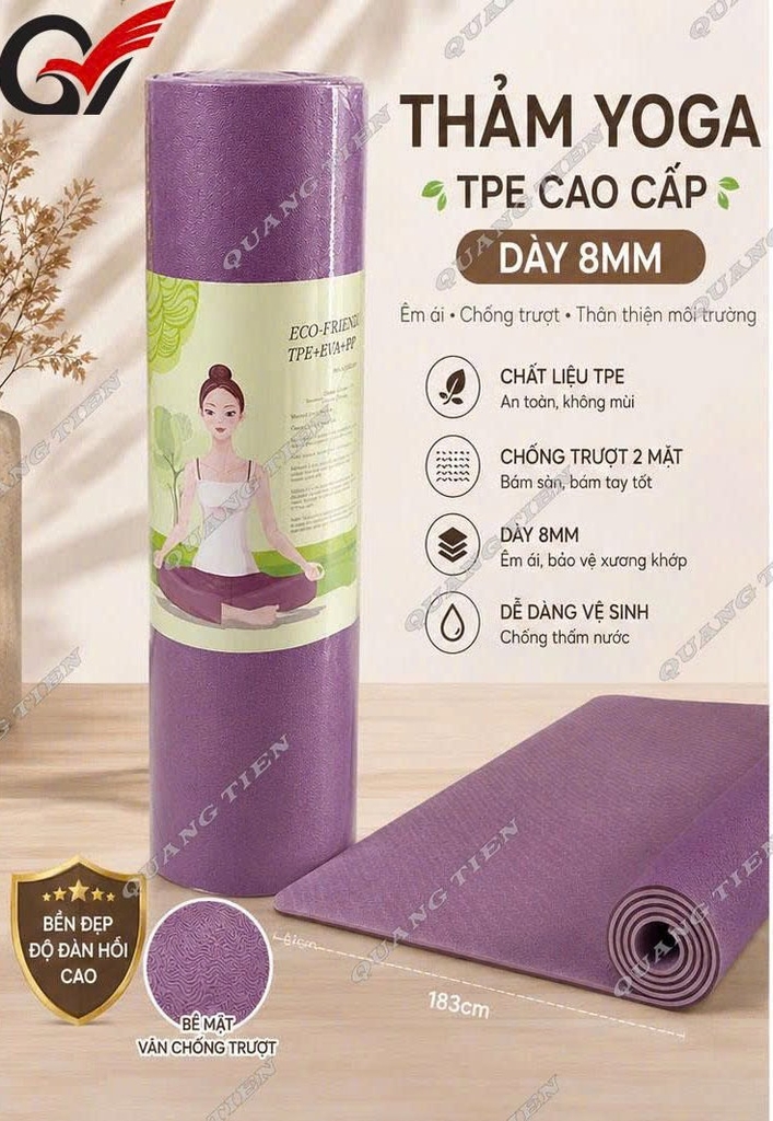 Thảm Yoga Eco Friendly 8mm Cao Cấp TPE Chống Trượt Êm Ái Bảo Vệ Khớp Tạ Yoga Pilates Gym Tại Nhà