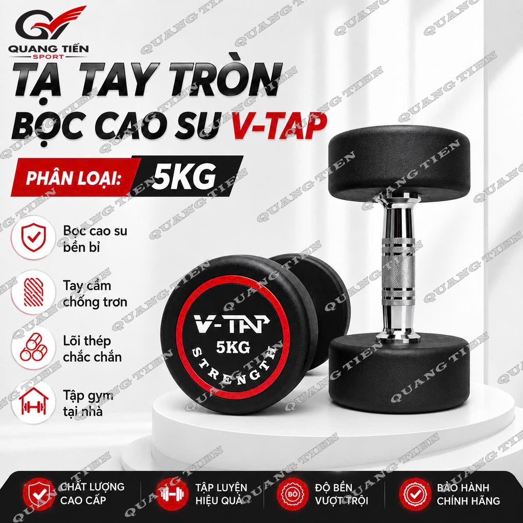 Tạ tay đơn lõi gang bọc cao su V-TAP 2,5kg, 5kg, 7,5kg, 10kg, 12,5kg, 15kg, 17.5kg, 20kg, 22.5kg, 25kg - 1 Quả
