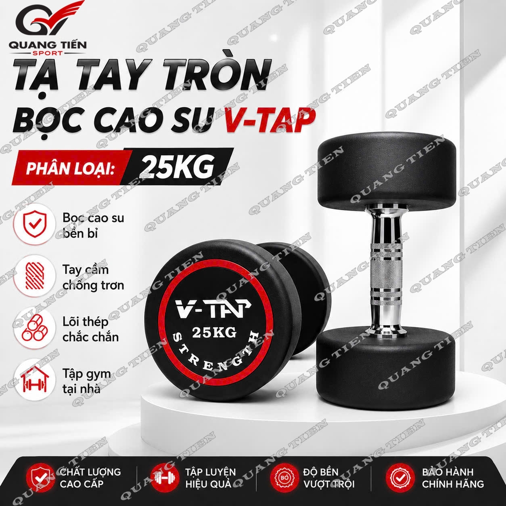 Tạ tay đơn lõi gang bọc cao su V-TAP 2,5kg, 5kg, 7,5kg, 10kg, 12,5kg, 15kg, 17.5kg, 20kg, 22.5kg, 25kg - 1 Quả
