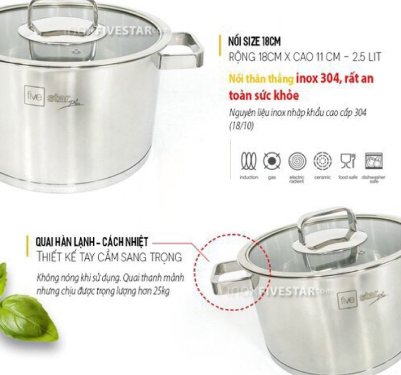 Nồi inox 304 Fivestar 16-18-20cm đun từ