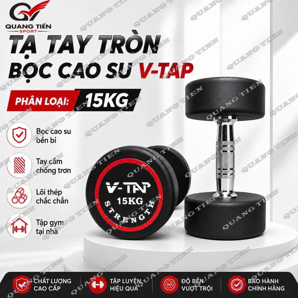 Tạ tay đơn lõi gang bọc cao su V-TAP 2,5kg, 5kg, 7,5kg, 10kg, 12,5kg, 15kg, 17.5kg, 20kg, 22.5kg, 25kg - 1 Quả