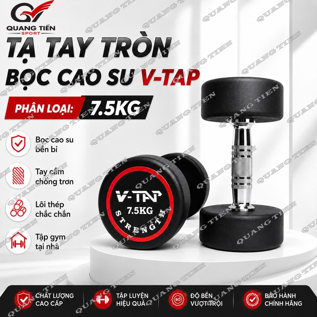 Tạ tay đơn lõi gang bọc cao su V-TAP 2,5kg, 5kg, 7,5kg, 10kg, 12,5kg, 15kg, 17.5kg, 20kg, 22.5kg, 25kg - 1 Quả