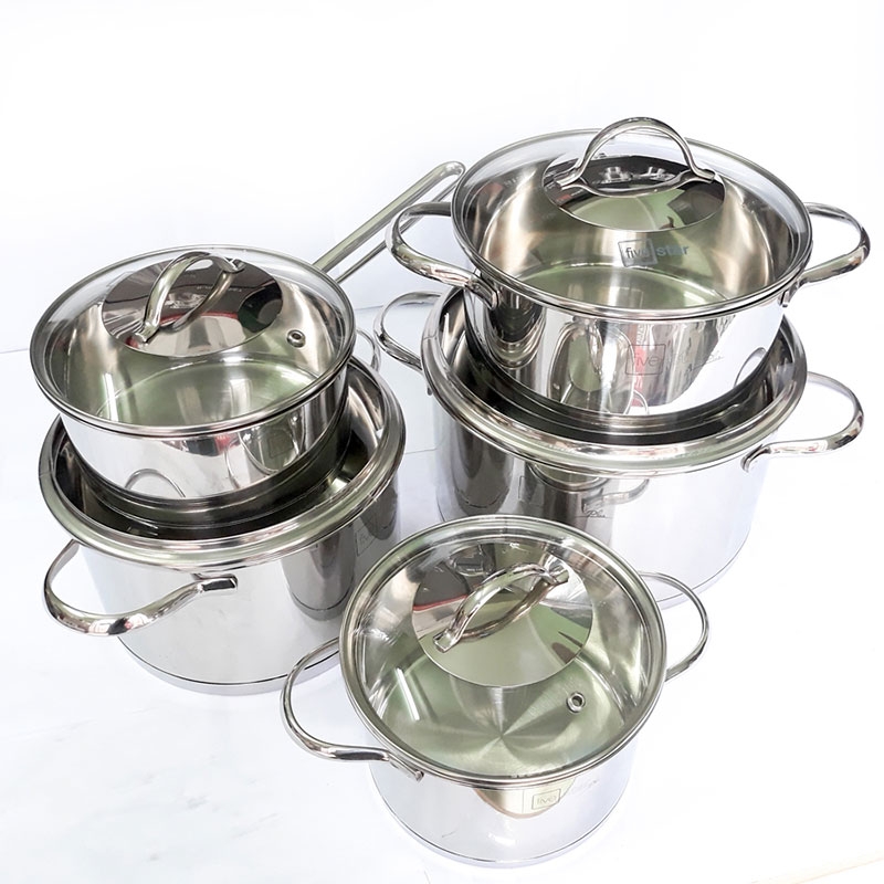 Bộ nồi inox 304 Sillit FIVESTAR cao cấp 5 chiếc 3 đáy (nắp kính) 10 pcs