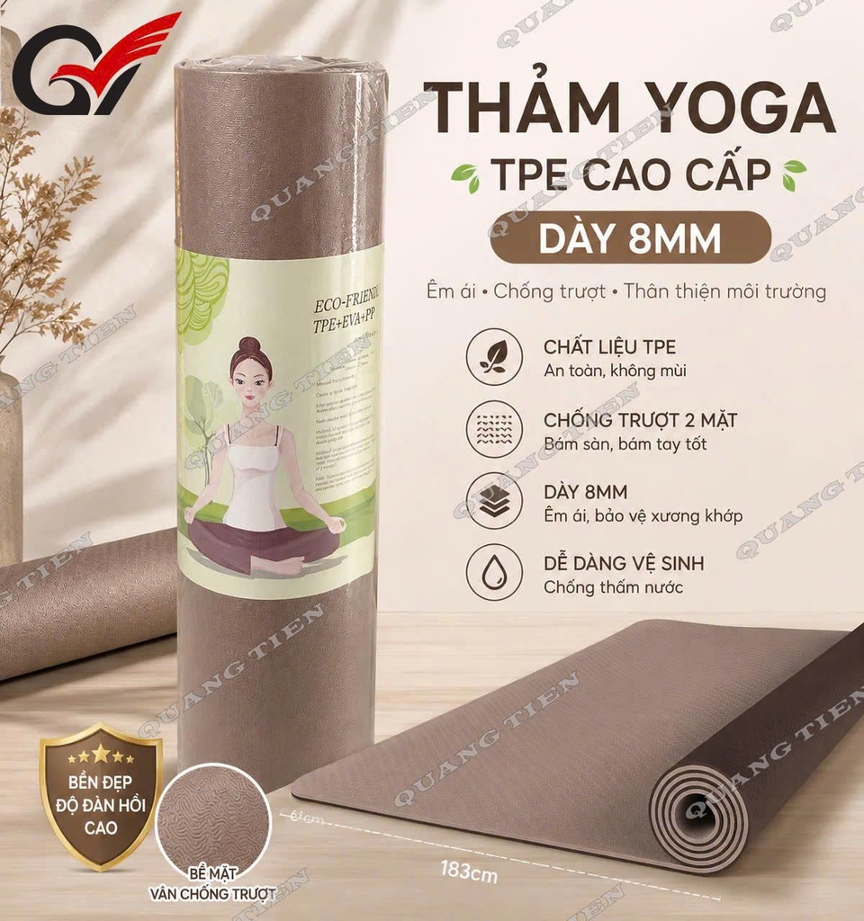 Thảm Yoga Eco Friendly 8mm Cao Cấp TPE Chống Trượt Êm Ái Bảo Vệ Khớp Tạ Yoga Pilates Gym Tại Nhà