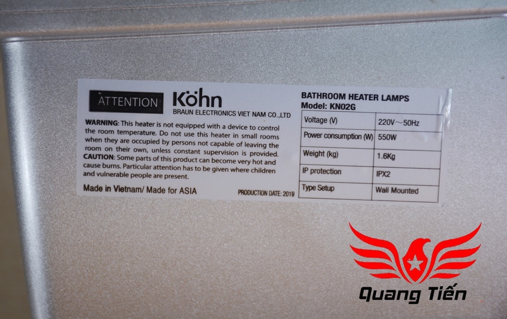 Đèn sưởi nhà tắm 2 bóng Braun Kohn KN02G 550W - Chính Hãng