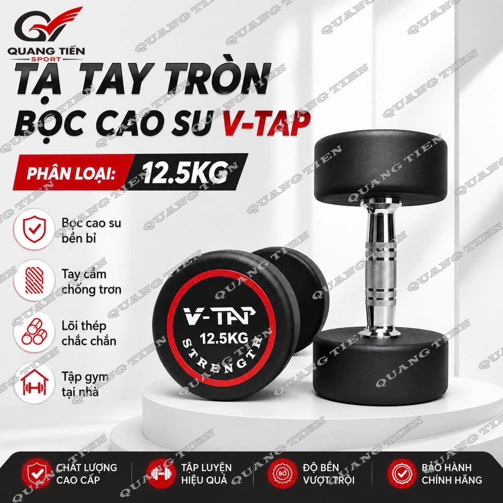 Tạ tay đơn lõi gang bọc cao su V-TAP 2,5kg, 5kg, 7,5kg, 10kg, 12,5kg, 15kg, 17.5kg, 20kg, 22.5kg, 25kg - 1 Quả
