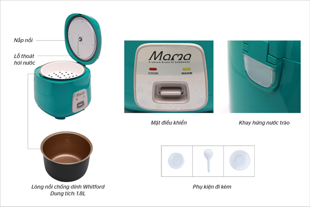 Nồi cơm điện 1.8L Sunhouse Mama SHD8652G