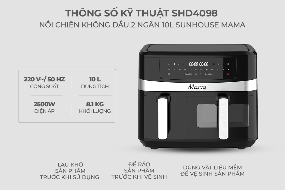Nồi chiên không dầu 2 ngăn 10L Sunhouse Mama SHD4098