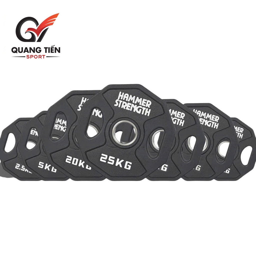 Tạ bánh cao su lõi thép Hammer Strength màu đen cao cấp lỗ 50 nhập khẩu (giá theo set 2.5 - 25kg)