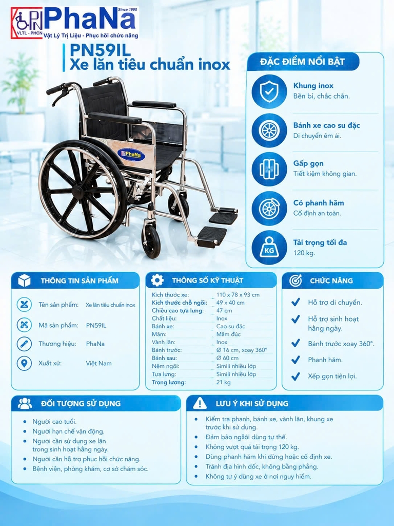 PN59IL - Xe lăn tiêu chuẩn inox