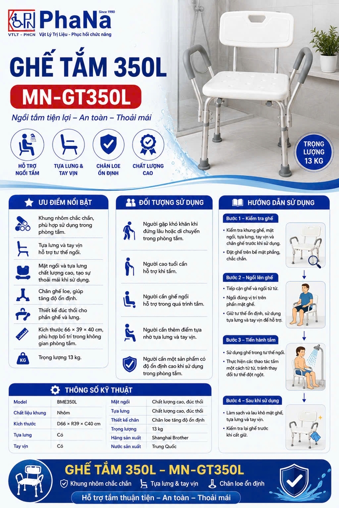 Ghế Tắm Khung Nhôm Tựa Lưng 350L - MN-GT350L