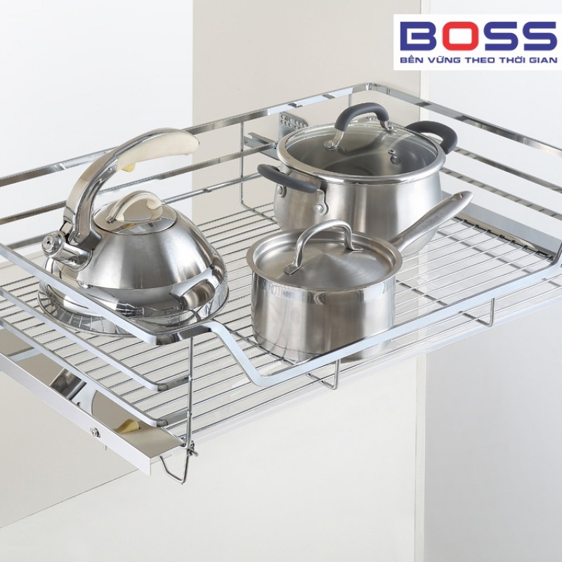 giá xoong nồi nan dẹt ray âm giảm chấn âm tủ inox bóng BXD149