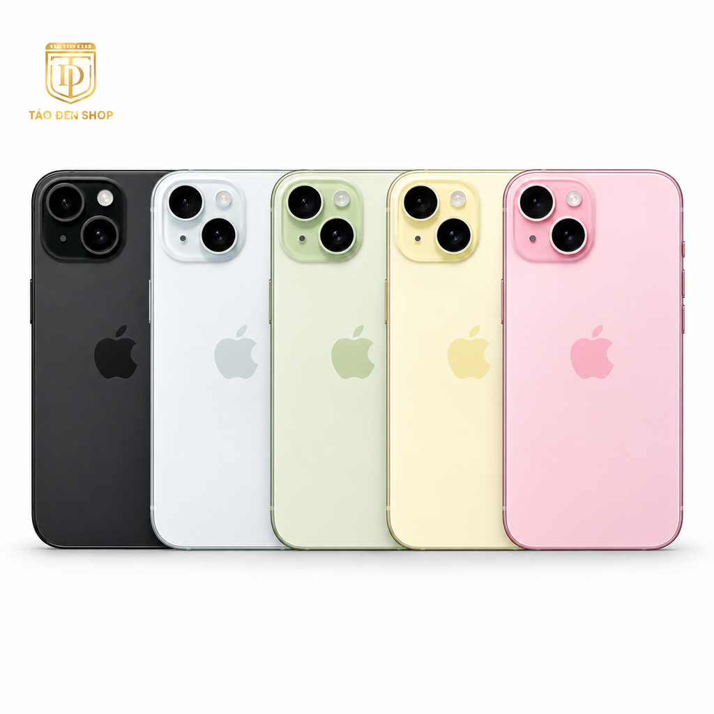 Ảnh minh họa iPhone 15 cũ đủ 5 màu: Đen, Xanh, Xanh lá, Vàng, Hồng – Táo Đen Shop