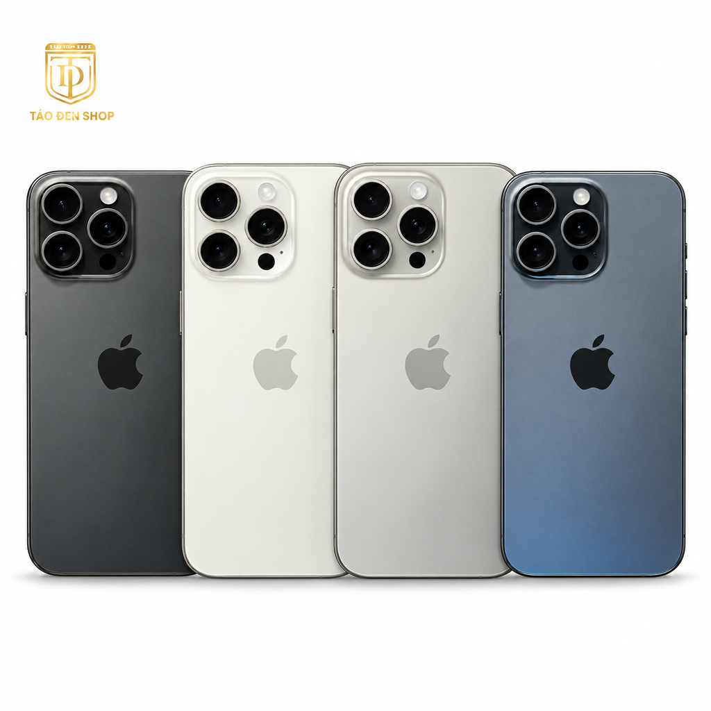 Ảnh minh họa iPhone 15 Pro Max cũ đủ 4 màu Titan Đen, Trắng, Tự nhiên, Xanh – Táo Đen Shop