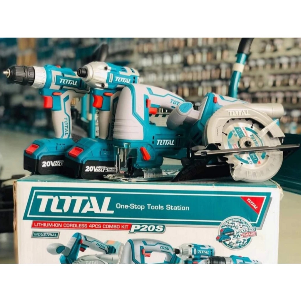 Bộ combo 4 máy gồm cưa đĩa trònTSLI1401, cưa lọng TJSLI8501, siết vít TIRLI2002 và khoan TDLI20024 dùng pin 20V TCKLI2010 TOTAL