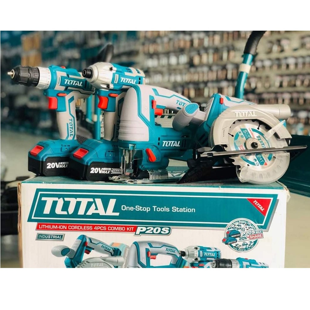 Bộ combo 4 máy gồm cưa đĩa tròn TSLI1401, cưa lọng TJSLI6508, siết vít TIRLI2017 và khoan TDLI20051 dùng pin 20V TCKLI20104 TOTAL