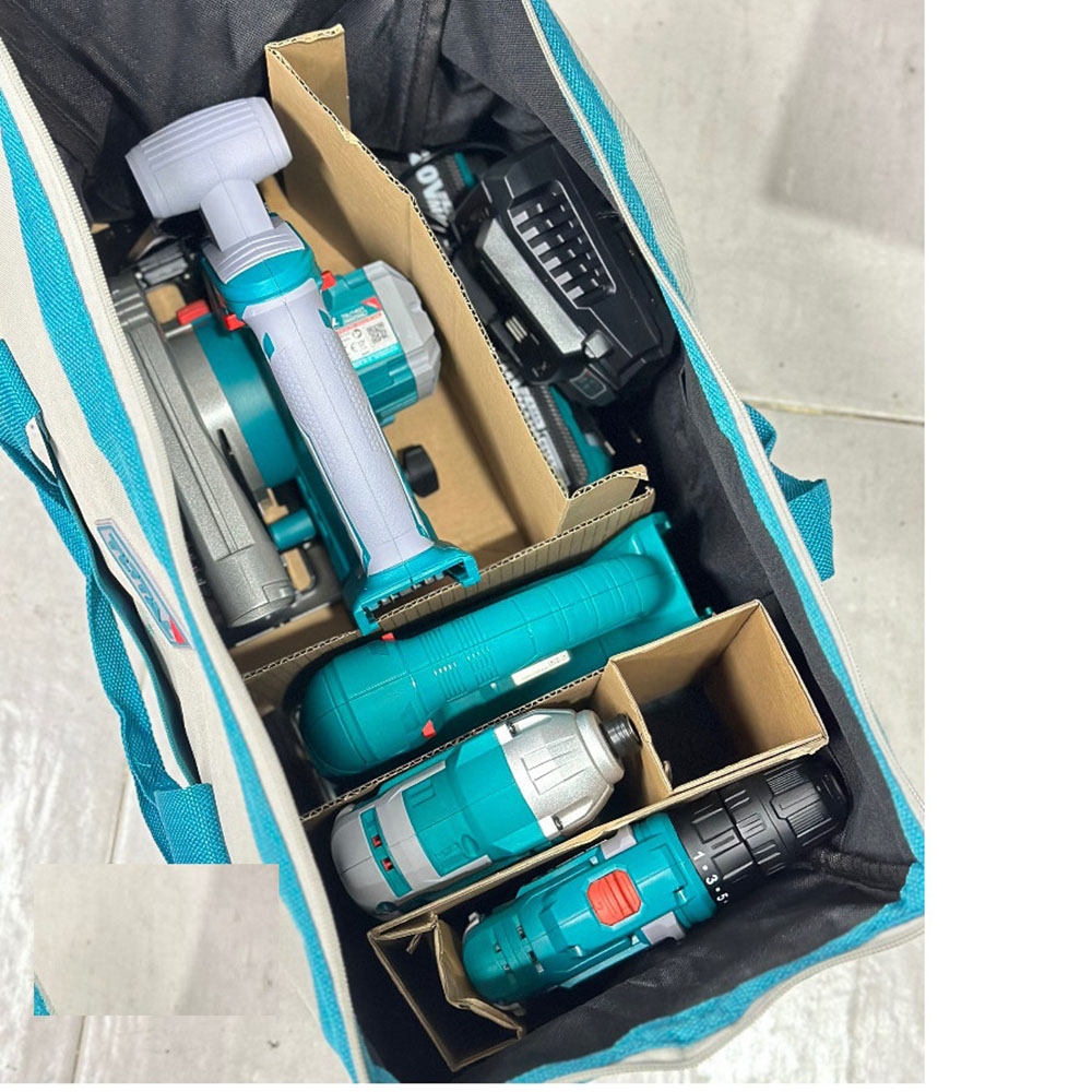 Bộ combo 4 máy gồm cưa đĩa tròn TSLI1401, cưa lọng TJSLI6508, siết vít TIRLI2017 và khoan TDLI20051 dùng pin 20V TCKLI20104 TOTAL