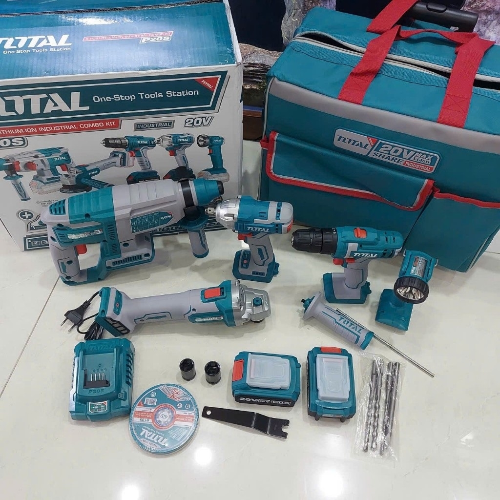 Bộ combo 5 máy siết bulong TIWLI2038, khoan TDLI20051, mài góc TAGLI20107, đèn TWLI2023 khoan động lực TRHLI20228 TCKLI2018 TOTAL
