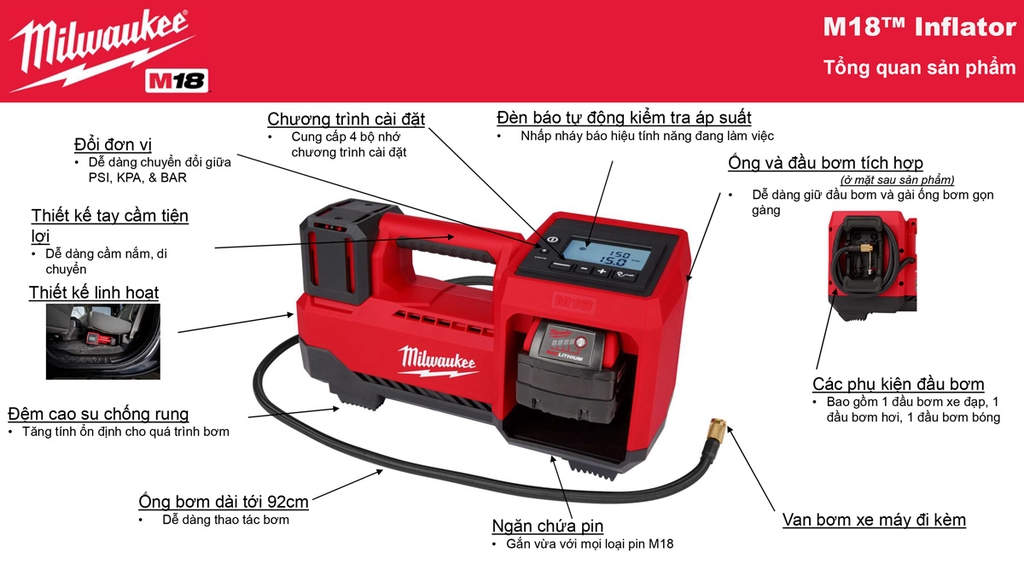 Máy bơm hơi dùng pin 18V Milwaukee M18 BI-0