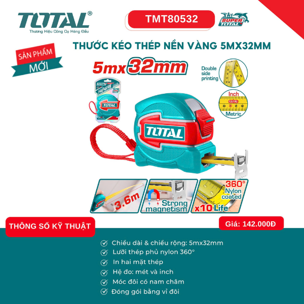 Thước kéo 5M thép nền vàng hệ mét & inch Total TMT80532