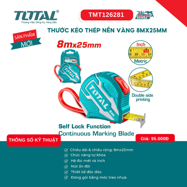 Thước kéo 8M thép nền vàng hệ mét & inch Total TMT126281
