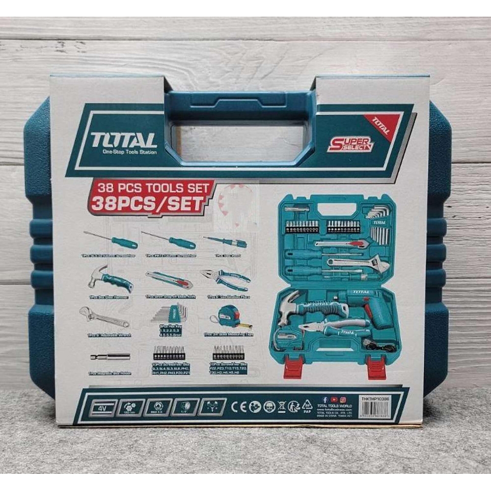Bộ 38 món bao gồm máy siết vít TSDLI0404 dùng pin 4V THKTHP10386 TOTAL
