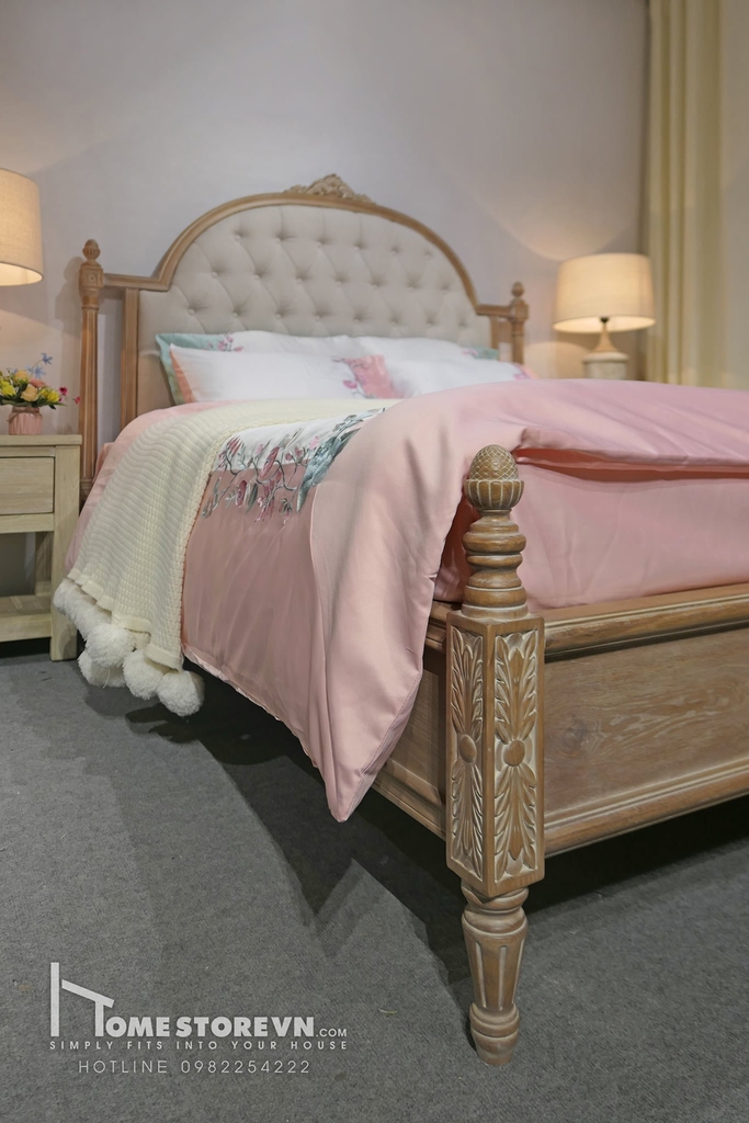 Giường gỗ Vintage lưng lượn bọc vải có nút - GI8