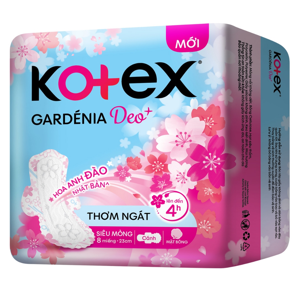 Băng Vệ Sinh Kotex Gardenia Deo+ Siêu Mỏng Cánh 23cm Gói 8 Miếng