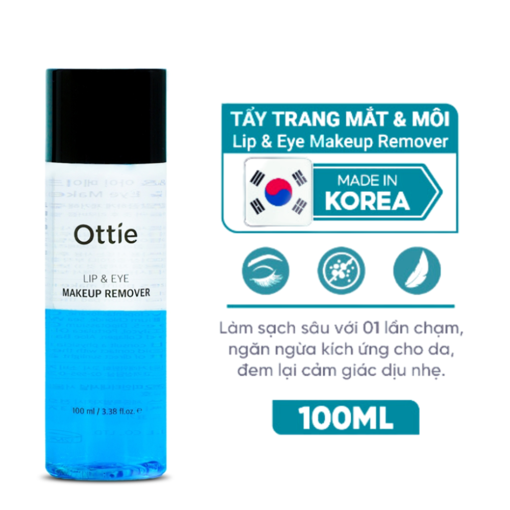 Nước Tẩy Trang Mắt Và Môi 2 Lớp Sạch Sâu Lớp Makeup Ottie Lip＆Eye Makeup Remover 100ml