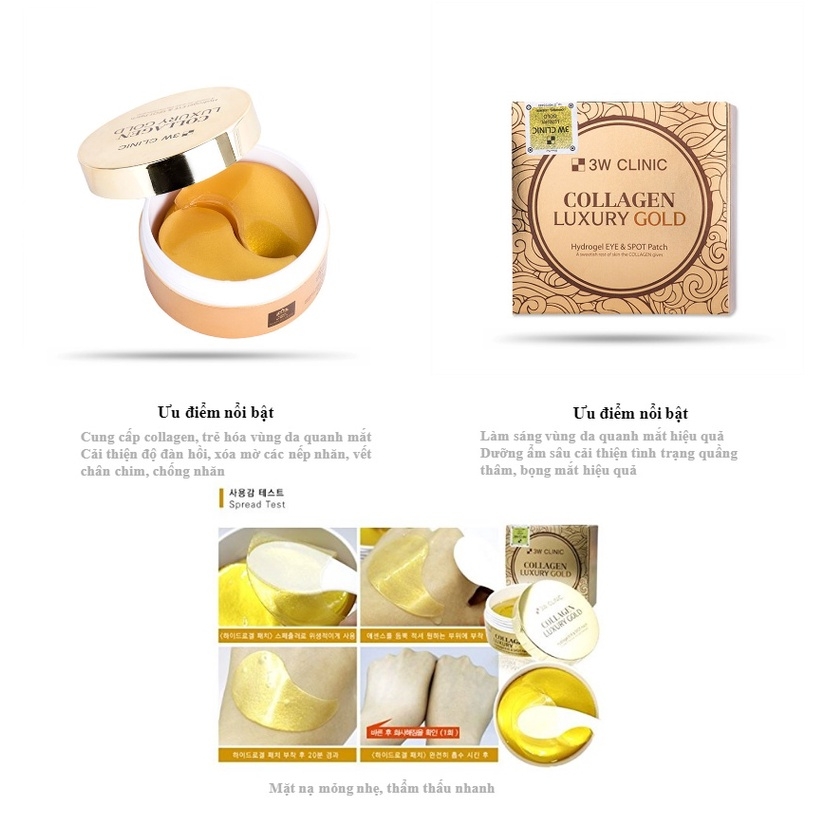 Mặt Nạ Mắt Dưỡng Sáng, Cung Cấp Dưỡng Chất 3W Clinic Luxury Gold Collagen 60 miếng