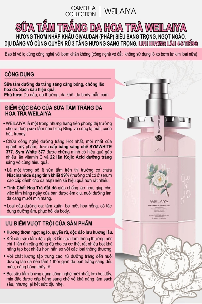 Sữa Tắm Trắng Da Hoa Trà Weilaiya Niacinamide Shower Gel 450ml